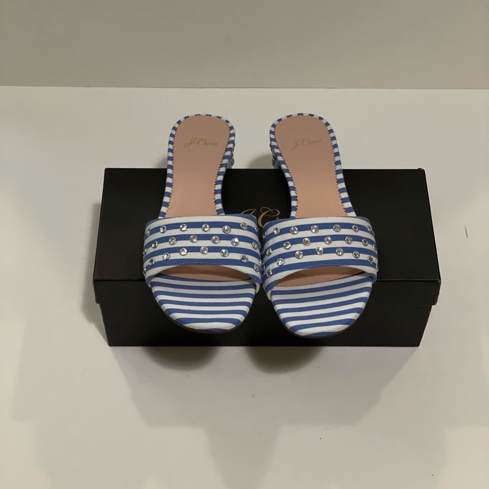 J CREW NWB Florence Jeweled Striped Block Heel Mules/Sandals 9.5M Blue/White